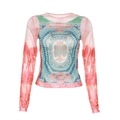 Slim fit mesh long sleeve top featuring pink and blue vintage bill print with crew neck - S / Red