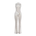 White lace jumpsuit with high waist, cutout neckline and flare leg for elegant styling - S / White
