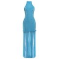 Royal blue halter neck dress featuring stylish long fringe tassels and a slim fit design - S / Blue