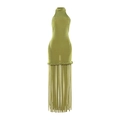 Chic olive green halter dress featuring a stylish knit body and long fringed tassel hem - S / Green