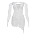 Sexy white long-sleeved dress with intricate mesh cut-outs and asymmetric hemline - One Size / White