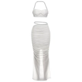 Ensemble blanc deux pièces avec crop top dos nu plissé et jupe longue aux détails de perles - S / Blanc