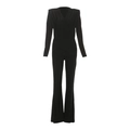 Women's black long sleeve jumpsuit with deep V-neck, padded shoulders and flared legs - S / Black