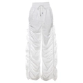Weiße Freizeithose mit hoher Taille, weitem Bein und seitlichen Raffungen und Kordelzug - XS / Weiß