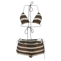 Ensemble bikini 3 pièces en maille rayée avec haut dos nu et short de bain assorti - S / Rayé