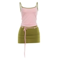 Damen Set mit rosa Trägertop und olivgrünem Minirock mit Taillenband - S / Rosa