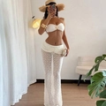 Conjunto de playa de dos piezas de encaje blanco con top bandeau y falda larga - S / Blanco