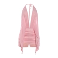 Pink halter neck V-neck ruched mesh mini dress with open back and bodycon fit - S / Pink