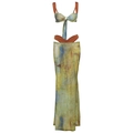 Dreiteiliges Set mit Neckholder-Top und Maxirock mit hohem Bund im abstrakten Print - XS / Brauner Abstrakter Druck