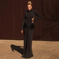 Detail of waist cut-out and ruching on a black high-neck long-sleeve maxi dress - XL / Black