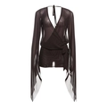 Deep coffee sheer mesh wrap top with long slit sleeves and side ties for women - S / Coffee