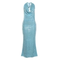 Elegantes hellblaues Pailletten-Maxikleid mit Wasserfall-Ausschnitt und rückenfreiem Neckholder - S / Blau