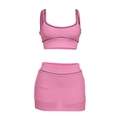 Detail von rosa bauchfreiem Top und Minirock-Set mit schwarzen Streifen und Stretchstoff - M / Rosa