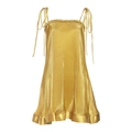 Glossy golden pleated slip dress with metallic finish and thin spaghetti straps - S / Yellow