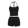 Schwarzes Rippstrick-Set mit Neckholder-Top und Shorts, verziert mit runden Pailletten - S / Schwarz