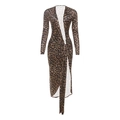 Enges Kleid mit Leopardenmuster, langen Ärmeln, V-Ausschnitt, Knotendetail und Metallring - M / Leopardenmuster
