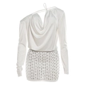 Weißes Off-Shoulder Minikleid mit langen Ärmeln und silbernen quadratischen Nieten - S / Weiß
