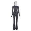 Women's black polka dot tracksuit set featuring hooded zip-up top and flare pants - S / Black