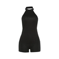 Mono corto negro con cuello halter y lentejuelas plateadas de ajuste ceñido - S / Negro