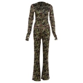 Completo donna con top con cappuccio e pantaloni a zampa stampa mimetica - S / Verde