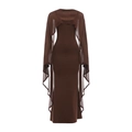 Dark brown two-piece set featuring a slim fit maxi dress with a sheer mesh bolero shrug - S / Brown
