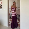 Women stripe tube top and sheer knit maxi skirt set in purple and beige tones - S / Purple