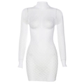 Robe courte en dentelle blanche avec manches longues, col haut et motifs ajourés complexes - Taille unique / Blanc