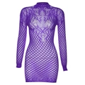 Robe courte moulante en dentelle violet foncé à manches longues et col haut ajouré - Taille unique / Violet