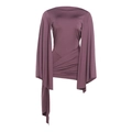Deep purple long sleeve ruched romper dress with elegant flared sleeves and wrap design - S / Purple