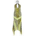 Detail of leopard print halter neck dress with front teardrop cutout and tie neck design - XS / Yellow Leopard