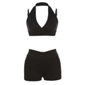 Completo yoga nero da donna con top allacciato al collo a V e pantaloncini a vita alta - S / Nero