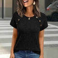 Women's slim-fit ribbed black short sleeve t-shirt with decorative shoulder buttons - S / Black