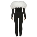 Body nero sexy a spalle scoperte con collo in pelliccia bianca e taglio in vita - S / Nero