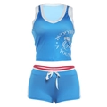 Set sportivo due pezzi blu reale con crop top, pantaloncini, bordi bianchi e stampa a corona - S / Blu