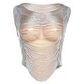 Ärmelloses bauchfreies Damen-Top in Silber Metallic mit Fransen und Ausschnitten - S / Silber