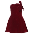 Elegante abito in velluto bordeaux monospalla con fiocco e finitura glitterata - M / Borgogna