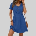 Detail of navy blue V-neck short sleeve dress with decorative wooden buttons and waist pleats - S / Blue