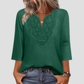 Detail of V-neck lace crochet trim on a dark green bohemian three-quarter sleeve top - Green