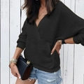 Women's black long sleeve hoodie featuring cross V-neck and front kangaroo pocket - S / Black