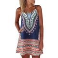 Women's dark blue boho mini dress with colorful geometric digital print and thin straps - 3XL / Blue