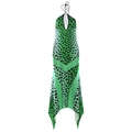 Vestido largo ajustado con cuello halter y estampado de leopardo verde y bajo irregular - S / Verde