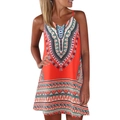 Detailed view of bohemian geometric print on orange sleeveless A-line mini dress - 2XL / Orange