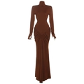 Slim fit dark brown turtleneck maxi dress with thumbholes and pleated waist detail - S / Brown