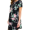 Women's black short sleeve T-shirt dress featuring large pink rose and floral prints - Black