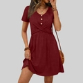 Detail of wine red short sleeve dress with waist wrap design and decorative buttons - S / Red