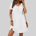 Detail of V-neck white dress featuring wooden buttons and elegant waist knot design - S / White