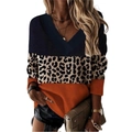 Top da donna a maniche lunghe con scollo a V e patchwork blu, leopardato e arancione - S / Arancione