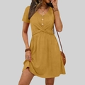 Detail of V-neck button design and pleated waist on a mustard yellow A-line summer dress - S / Yellow