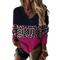 Top da donna a maniche lunghe con scollo a V e design patchwork leopardato e rosa - S / Rosso