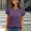 Detail of dark purple ribbed knit top with decorative shoulder buttons for women - Purple